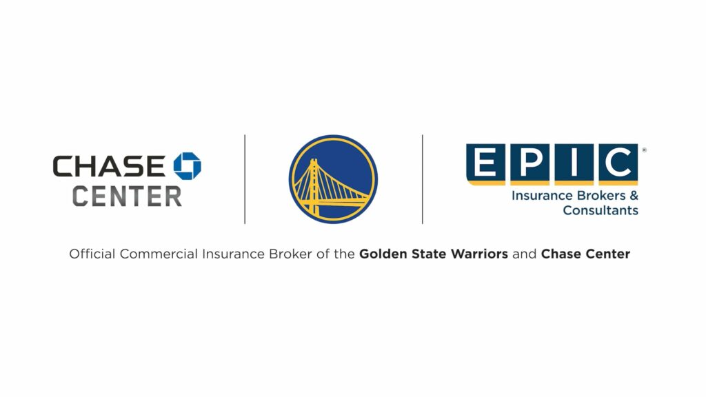 Logo of EPIC Insurance Brokers & Consultants, labeled as the Official Commercial Insurance Broker of the Golden State Warriors and Chase Center, displayed next to the Golden State Warriors logo.